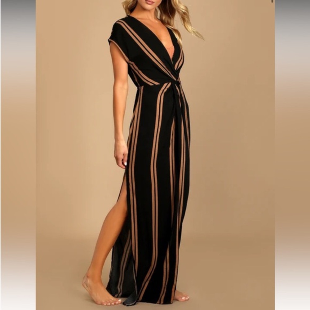 Coastal Grooves Black and Brown Striped Swim Cover-Up